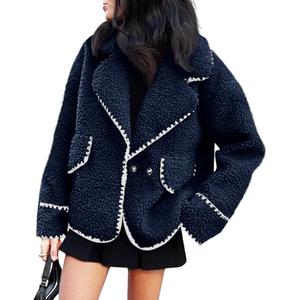 Cicy Bell Womens Sherpa Fleece Jacket Casual Collar V Neck Fuzzy Coats Contrast Trims Open Front Winter Outwear S