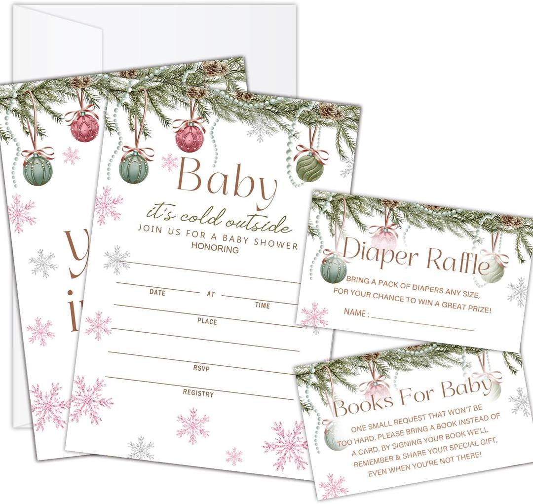 Snowflake Baby Shower Invitations with Envelopes, Diaper Raffle Tickets, Book Request Cards for Gender Reveal, It's Cold Outside Christmas Shower Insert for Invitations, Baby Announcement-14