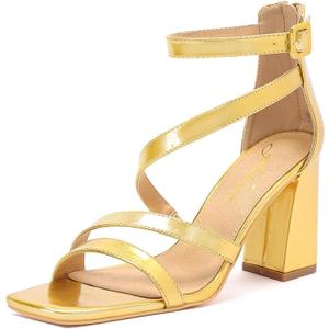 geluboao Heels for Womens Sexy Open Square Toe Strappy Chunky High Heels Sandals Ankle Strap Buckle Block Heeled Sandals Size 7
