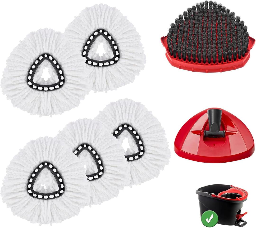 Mop Head Replacement Pads Compatible with O-Cedar EasyWring 1 Tank Triangle Mop,5 Spin Mop Head Refill Replacement,One Upgraded Scrub Brush & One Base for Deep Clean (Light-white)