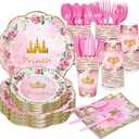 168 Pieces Pink Princess Disposable Party Dinnerware - Princess Paper Plates Napkins Cups Plastic Forks Knives Spoons For Girls Kids Birthday Party Baby Shower Decorations