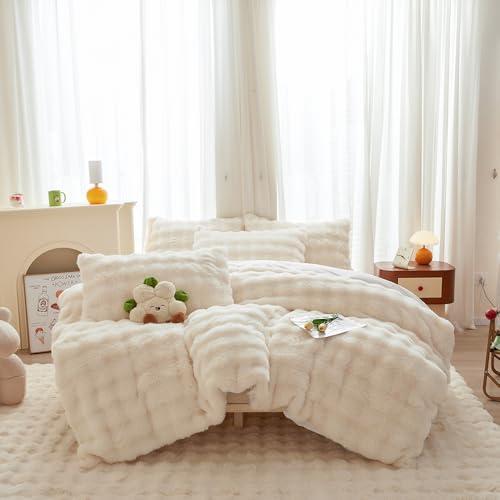 chovy Kids Girls Rabbit Plush White Comforter Sets Queen - 3PC Faux Fur Bed Set Skin Friendly Soft Warm Velvet Flannel Fluffy Fuzzy Bedding（Comforter x 1 Pillowcases x 2）