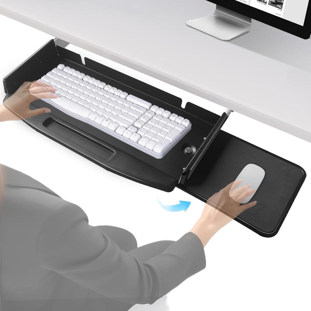 Solid Steel Under Desk Keyboard Tray Slide Out with 360 Rotating Mouse Platform,Keyboard Shelf Sliding,Under Desk Mounted Keyboard Holder,Under Desk Keyboard Drawer 28"Lx11"W