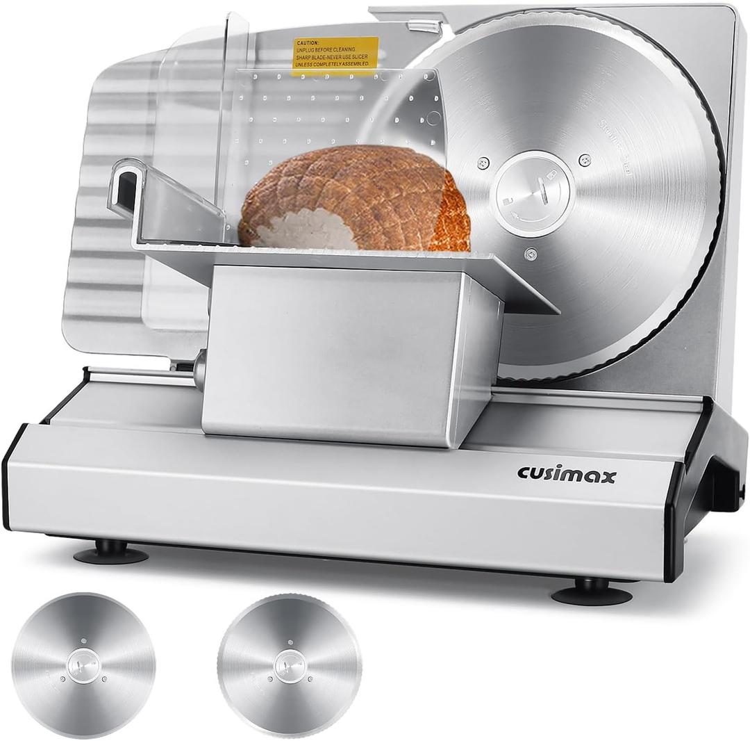 Meat Slicer,CUSIMAX Electric Deli Meat Slicer with 2 Removable 8.7''Stainless Steel Blades,Removable Food Carriage,1-20mm Adjustable Thickness Food Slicer for Home,Easy for Cut Meat,Cheese,Bread (Matte Silver)