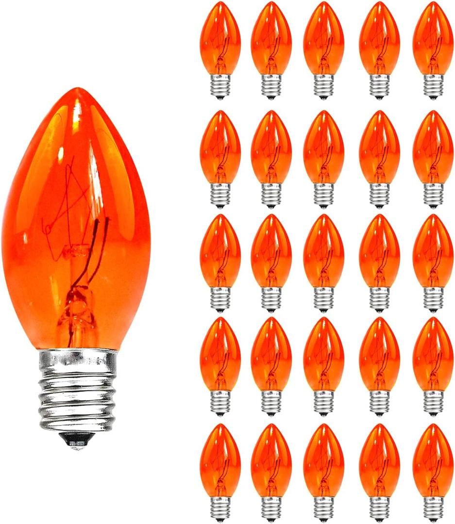 C7 Replacement Bulbs, Orange Halloween Lights, E12 Candelabra Base 5W Incandescent Christmas Light Bulbs for Outdoor String Lights, Patio, Holiday Party Decor - 25 Pack