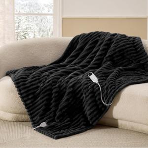 Bedsure Heated Blanket Electric Throw - Thick Striped Flannel Electric Blanket, Heating with 4 Time Settings, 6 Heat Settings, and 3-Hour Timer Auto Shut Off, Gift for Grandma (50x60 inches, Black)