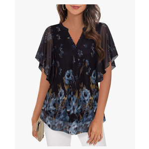 Timeson Women's Short Sleeve V Neck Blouses Shirts Floral Double Layers Mesh Tunics Tops XXL