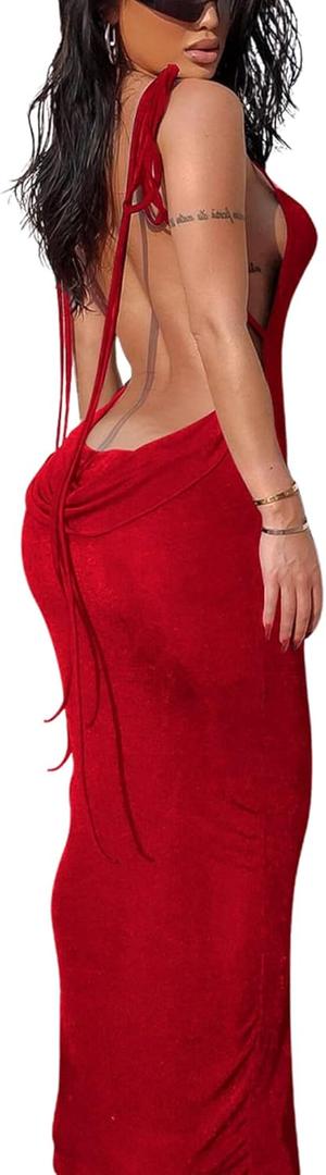 Doweha Women Backless Cowl Neck Cocktail Going Out Dress Halter Slip Long Semi Formal Party 2026 Spring Summer Maxi Dress (Medium)