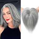 REECHO Real Human Hair Toppers with Bangs - 6 Inch Clip In Wig Toppers for Thin Hair - Grey