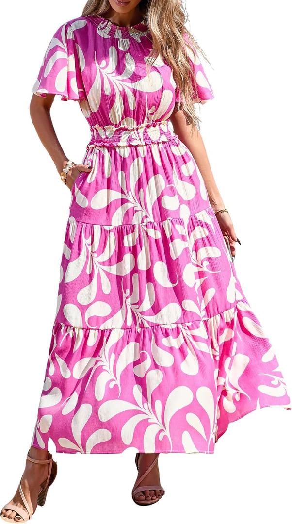 KIRUNDO Floral Maxi Dresses for Women 2026 Spring Summer Wedding Guest Short Sleeve Smocked Waist Flowy Beach Vacation Dress (XXL)