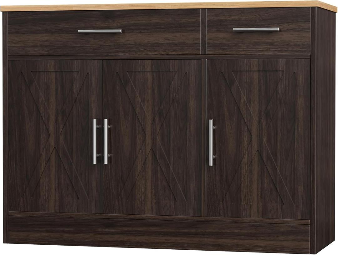 Shintenchi Modern Farmhouse Sideboard Buffet Cabinet,Barn Doors Buffet Cabinet with 2 Drawers & 3 Doors,Wood Coffee Bar Cabinet with Adjustable Shelf for Kitchen Living Room,Brown