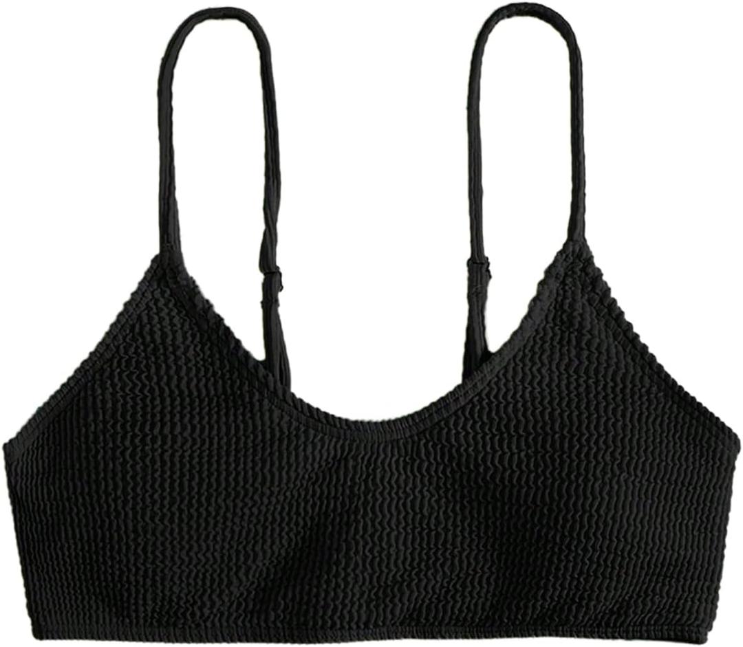 SHENHE Women's Smocked Backless Spaghetti Strap Padded Swimsuit Bathing Suit Bikini Tops (Black), XS