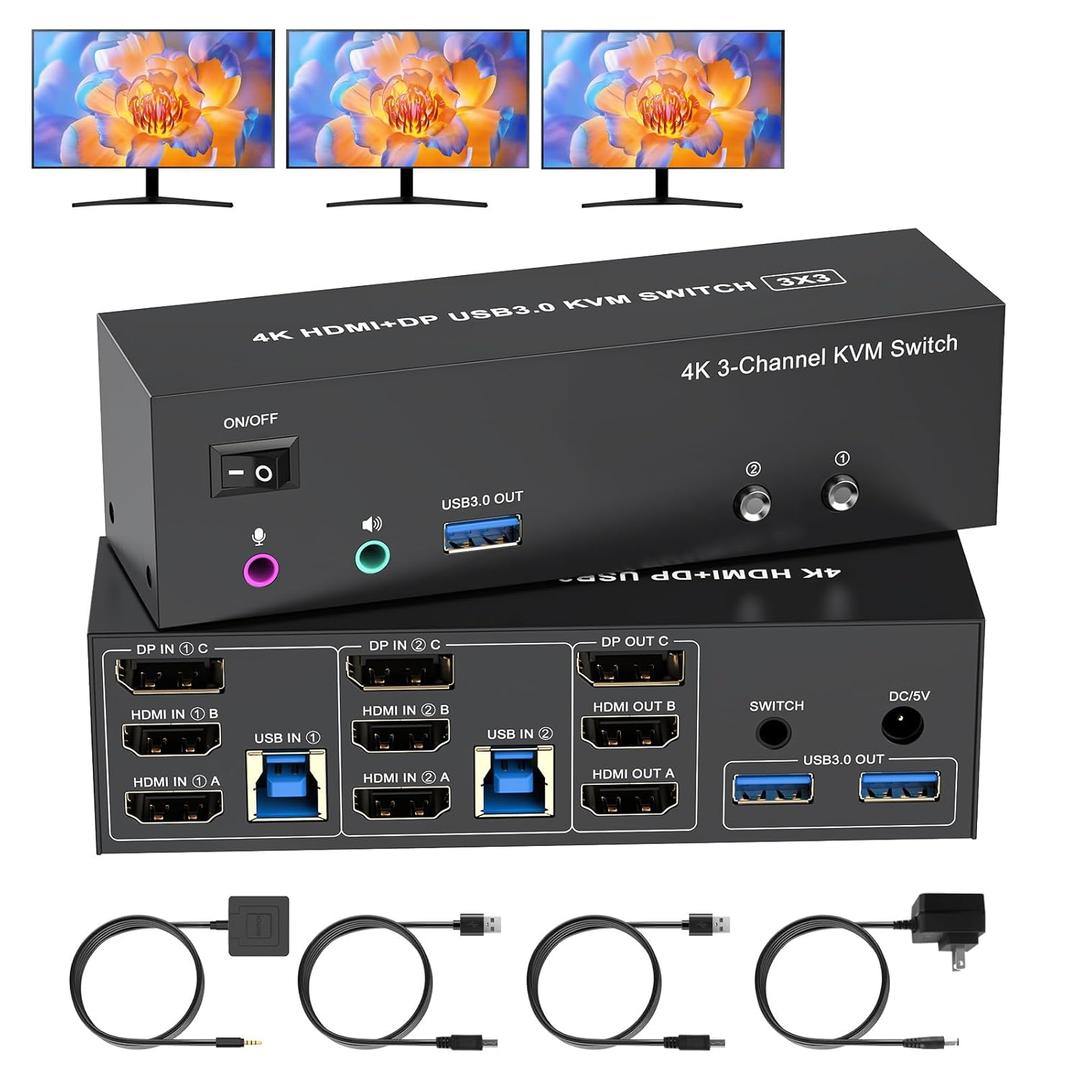 4K KVM Switch 3 Monitors 2 Computers Triple Monitor Displayport and 2 HDMI USB 3.0 KVM Switches 4K@60Hz,Support Extended/Mirror Mode Share 3 USB 3.0 Ports with Desktop Controller, Adapter Included