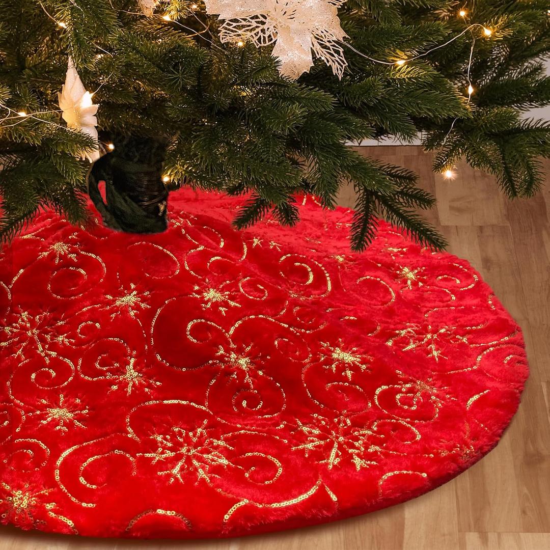 Christmas Tree Skirt Red 36 inch Gold Christmas Tree Skirt Snowflakes Faux Fur for Xmas Holiday Home Party