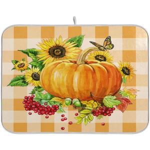 ODAWA Sunflower Autumn Pumpkin Dish Drying Mat, Drying Mat For Kitchen Counter, Absorbent Polyester Material, Heat-resistant Drying Mat 18 In x 24 In