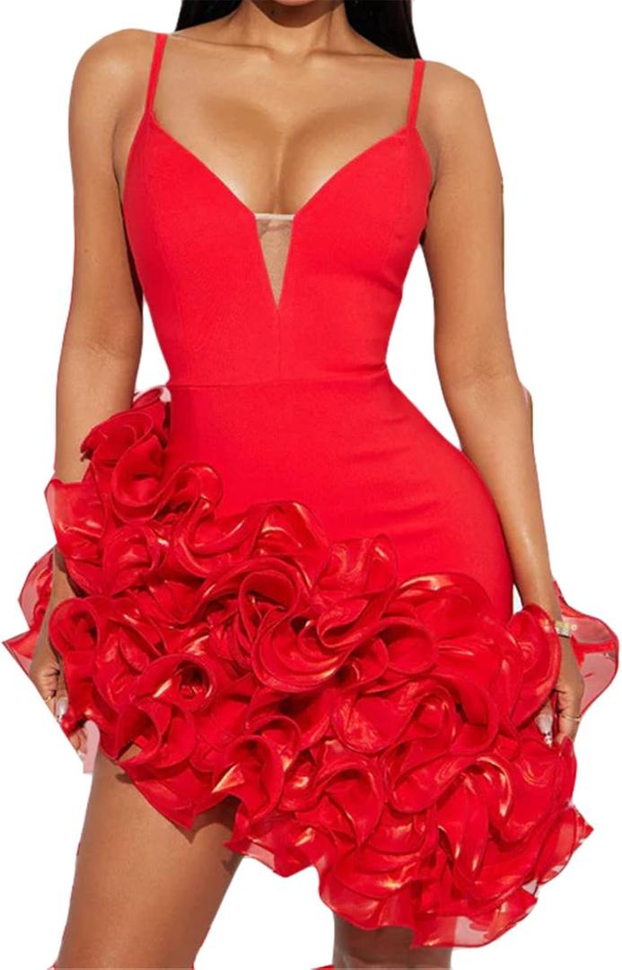 Qikaka Women's Sleeveless Spaghetti Strap V Neck Solid Bodycon Ruffles Hem Mini Dress (Red) Small