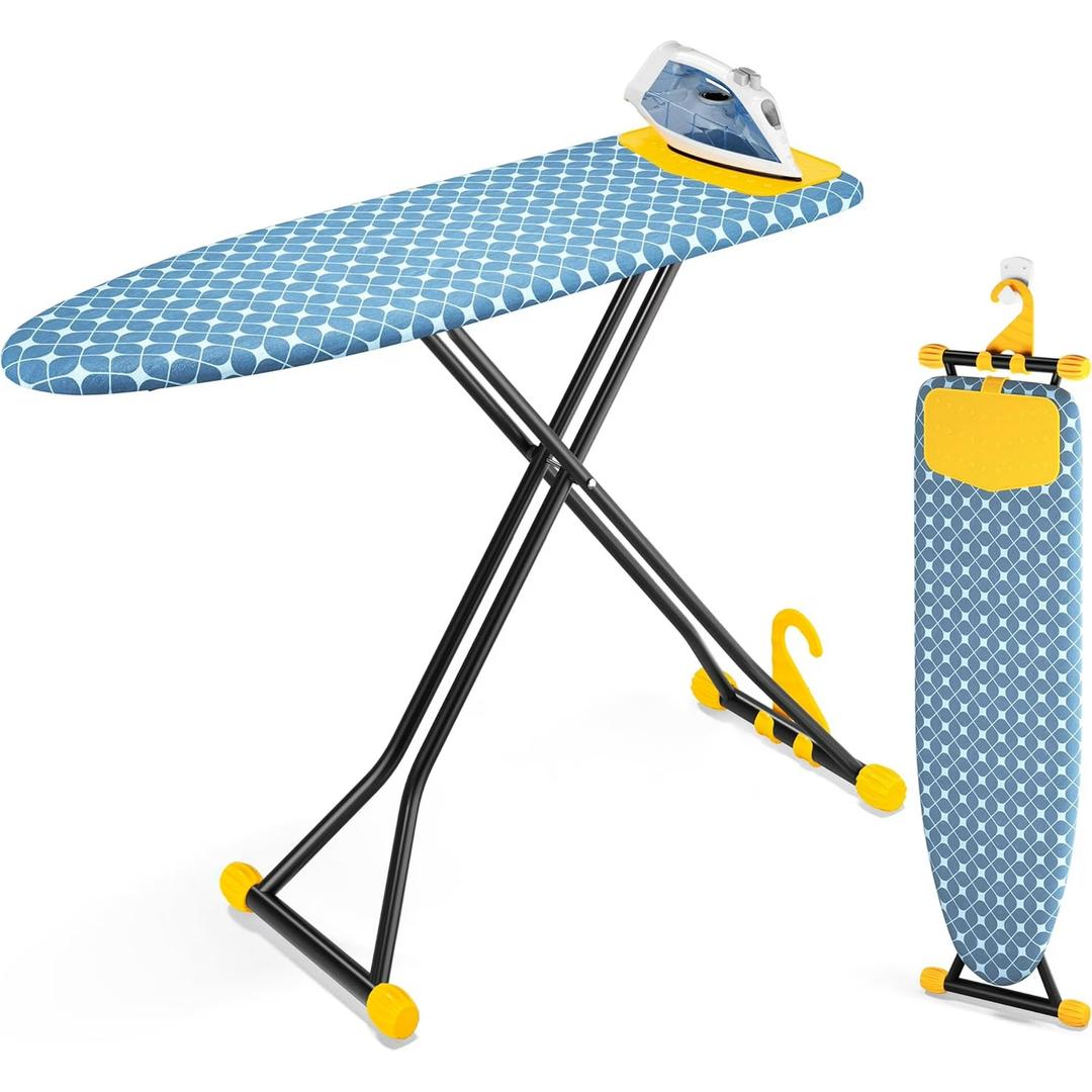 Ironing Board, Compact Iron Board with Silicon Iron Mat, Heat Resistant Cover, 7 Height Adjustable, Foldable Ironing Board Wall Mount Hanger, 13x43" Yellow