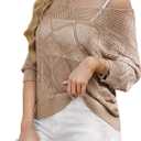 HUSKARY Beach Vacation Clothes for Women 2026 Trendy Spring Summer V Neck Casual 3/4 Sleeve Off Shoulder Crochet Cover Up Top (Beige, XL)