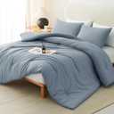 CozyLux Grayish Blue Comforter Set Queen Size, 3 Pieces Solid Breathable Quilted Boho Style Bedding Sets, Luxury Fluffy Soft Microfiber Comforter for All Season(1 Comforter & 2 Pillowcases)