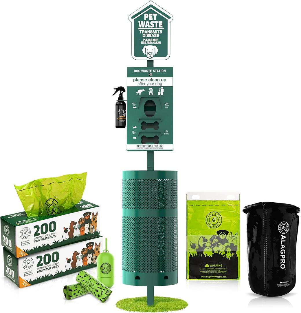 ALAGPRO NEW 2026 Dog Waste Station Outdoor Pet Waste Station with Hand Sanitizer Bottle, Commercial Dog Poop Station with Free 400 Roll, 200 Pull Waste Bags & 50 Can Liners for Backyard, Park & HOA's, Green