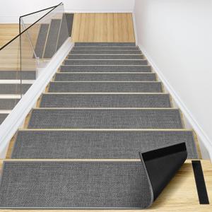 Peel and Stick Carpet Stair Treads for Wooden Steps Set of 15, Non Slip Adhesive Jute Stair Mats Indoor, Rubber Backing Safety Step Pads Mats, Grey, 8"x30"