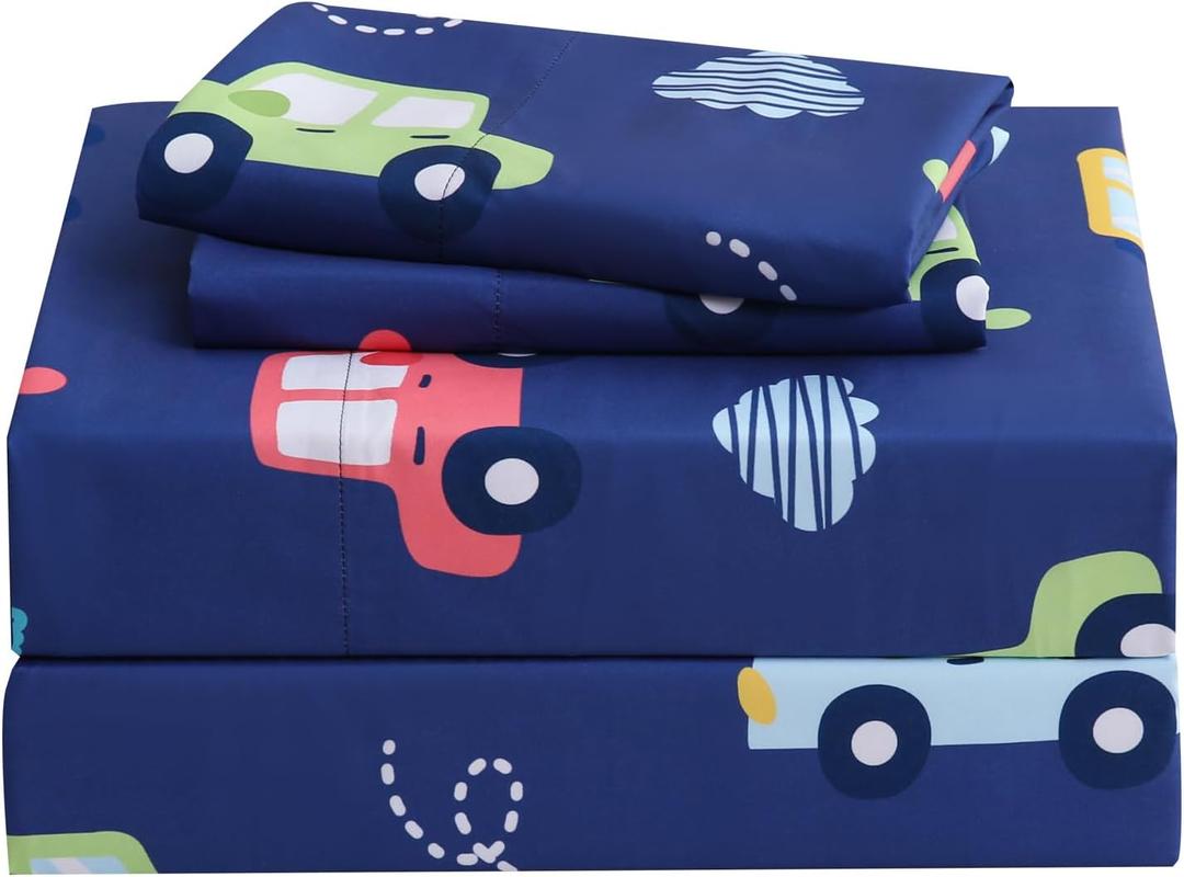 Car Kids Twin Sheet Set Colorful Cars Bed Sheets for Boys - 3 Pcs Deep Pockets Fitted Sheet,Breathable Soft Microfiber Navy Blue Bedding Sets for Toddlers Room Decor