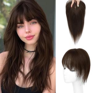 Hair Toppers for Women Real Human Hair-U Shape Toppers Hair Pieces for Women with Thinning Hairr 150% Density Silk Base Clip in Human Topper with Bangs for Daily Use(Dark Brown