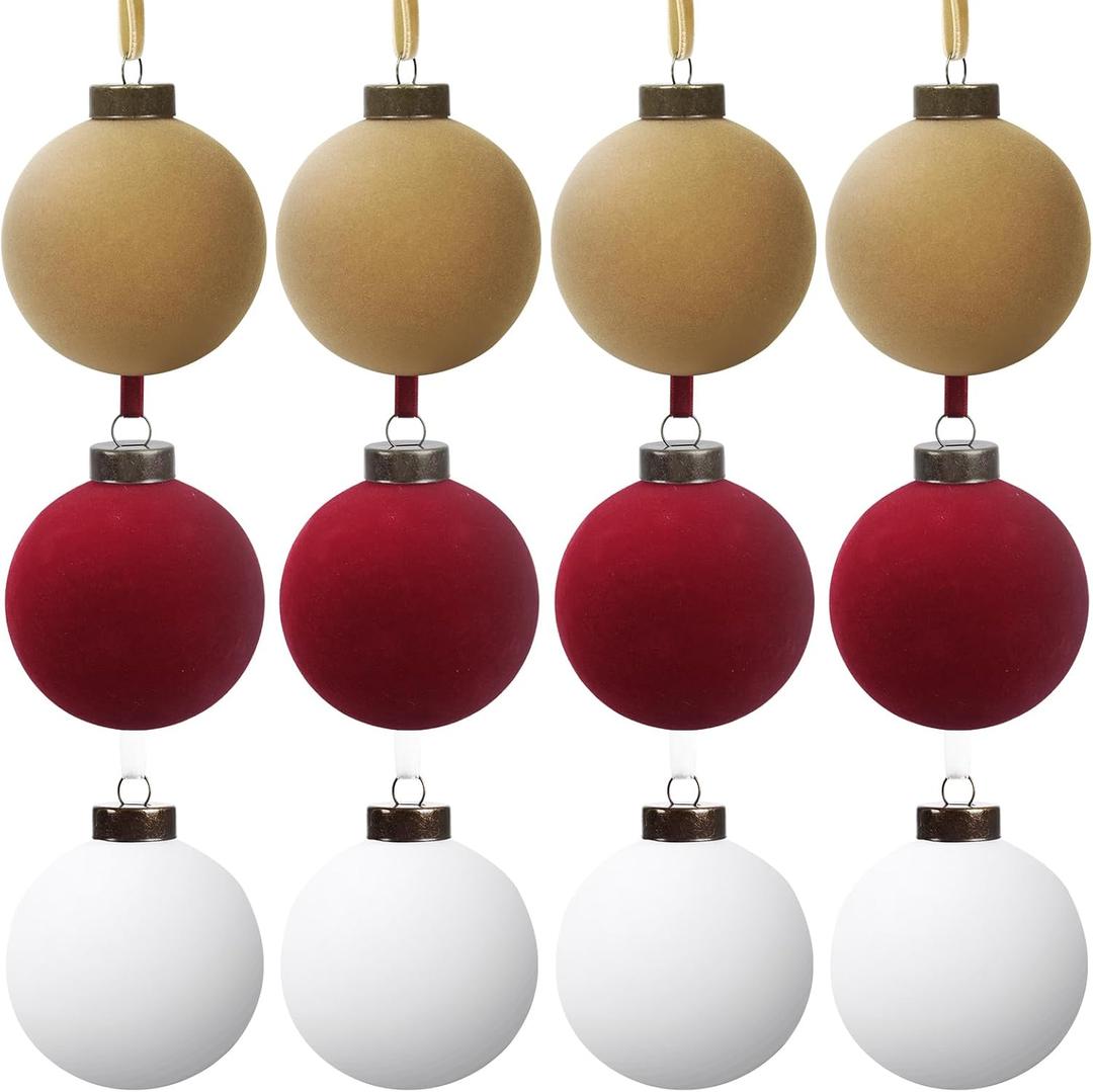 12 Pcs Velvet Christmas Balls Bulk Shatterproof Plastic Christmas Tree Decorations for Decorative Hanging Baubles (12, WhiteWine redKhaki, 3.94Inch)