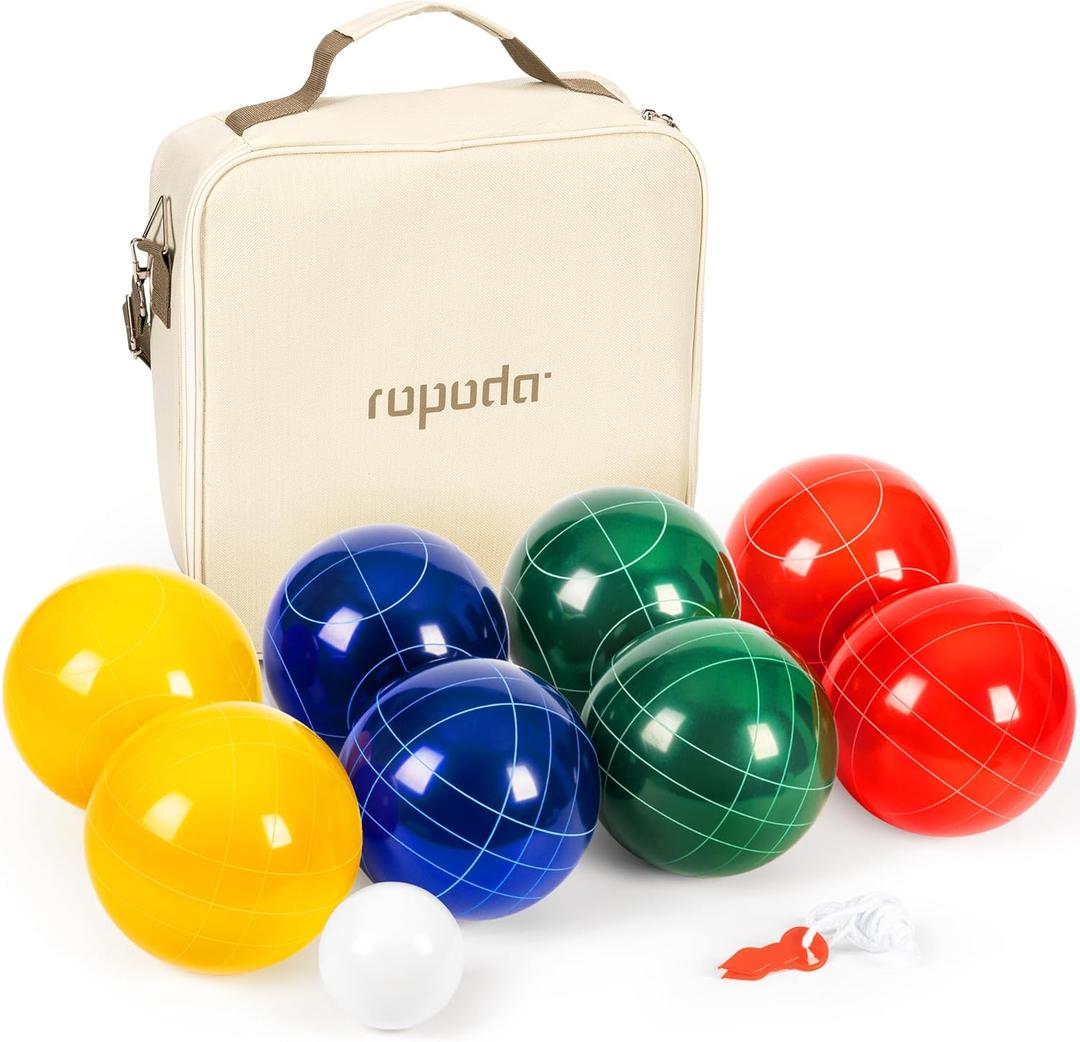 ropoda 107mm Bocce Ball Set Regulation Size and Weight with 8 Resin Bocce Balls, Resin Bocci Balls for Professional Tournament Competition, 60mm Pallino, Nine-Grid Shockproof Carrying Bag(2-8 Players)