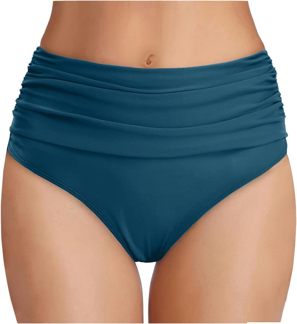 Tempt Me Women's Green High Waisted Bikini Bottom Tummy Control Ruched Bathing Suit Swim Bottom L