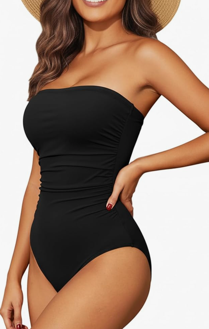 Holipick Women Tummy Control One Piece Swimsuits Strapless Bandeau Bathing Suits Slimming Halter Swimwear L