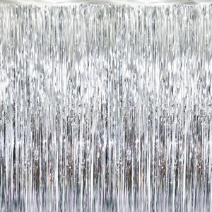 GOER 3.2 ft x 9.8 ft Metallic Tinsel Foil Fringe Curtains Party Photo Backdrop Party Streamers for Birthday,Graduation,New Year Eve Decorations Wedding Decor (Silver,5 pcs)