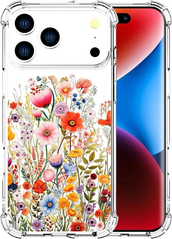 Compatible for iPhone 17 Pro Cases with Design, Cute Transparent Phone Case for Women Girls Girly with Heavy Duty Protective Bumper (Clear Anemone Flower Floral)