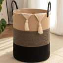 OIAHOMY Large Laundry Basket Hamper - 100L Cotton Rope Woven Basket for Blankets, Toys, Clothes - Tall Decorative Nursery Hamper with Long Handles, Yellow/Black