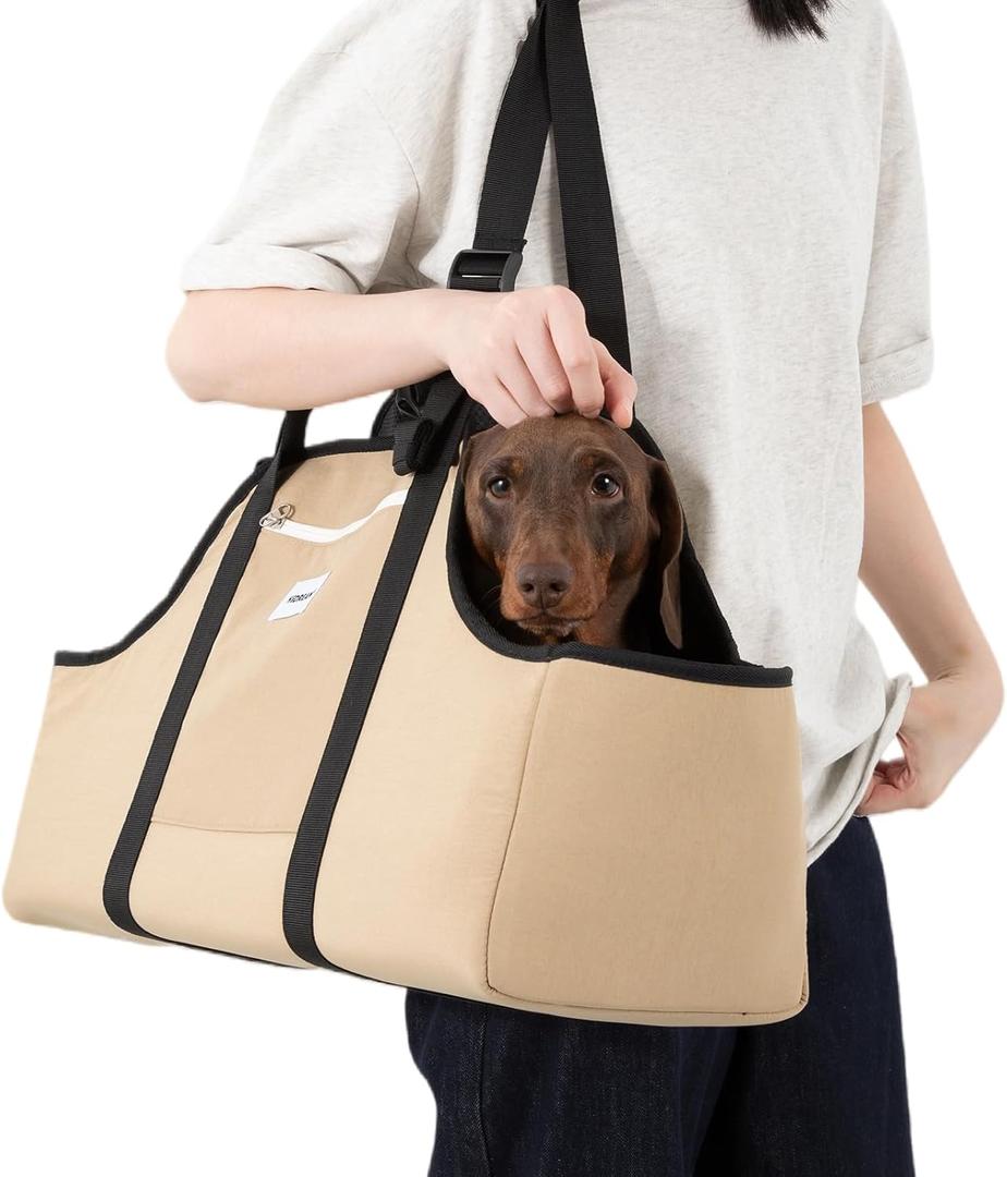 ETIAL Dachshund Shoulder Carrier Bag, Ergonomic Pet Sling with Adjustable Handheld & Crossbody Strap, Lightweight Ventilated Dog Purse for Small Long-Bodied Breeds, Safety Leash (Tan)