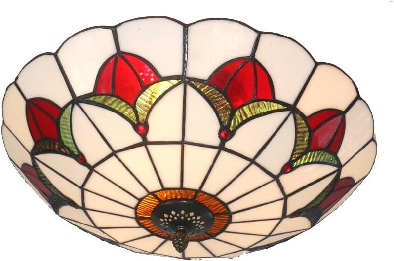 Tiffany Style Ceiling Light 16 Inch Stained Glass Flush Mount Ceiling Light for Bedroom Chandelier Vintage Pendent Light Fixtures (16 Inch White Red)