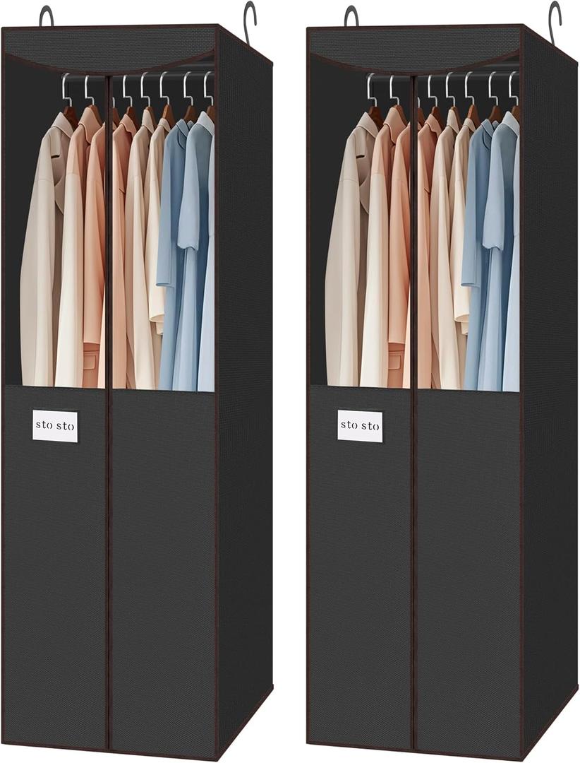 STO STO 2 Pack Garment Bag for Hanging Clothes Closet, Hanging Garment Cover with Built-in Steel Hanging Rod, Hanging Wardrobe Storage Bag for Suit, Dress with Clear Window, Zipper, ID Card, Black