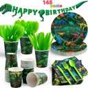 JOYIN 145 Piece Dinosaur Birthday Party Supplies with Trex Banner, 24 Serves dinosaur Disposable Tableware Set with Plates, Cups, Napkins, and Cutlery Sets for Dinosaur Themes Party Kids Years