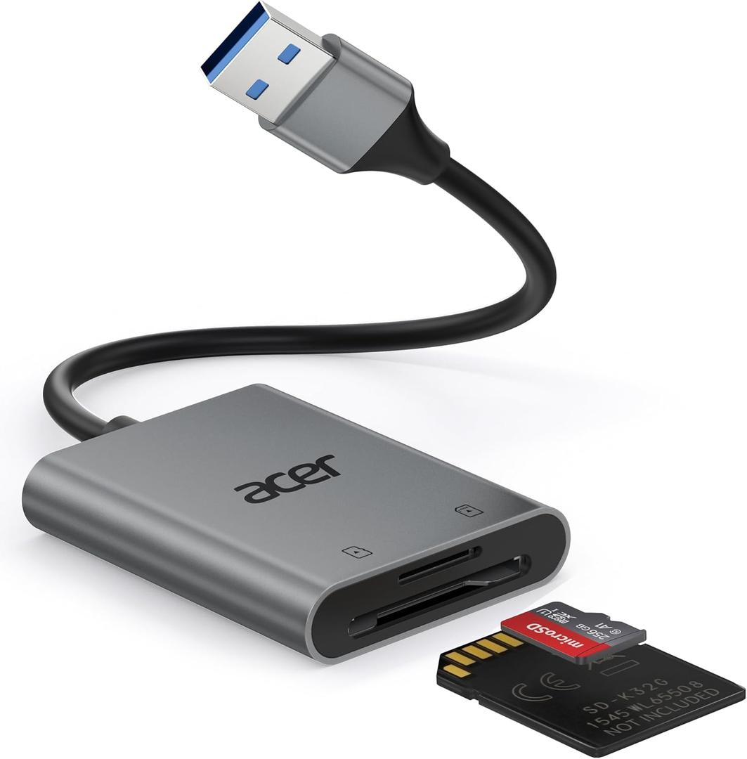 Acer SD Card Reader, USB A 3.0 to Micro Memory Card Reader, Aluminum Dual Slot SD to USB Adapter for Computer, PC, Laptop and Type A Devices, Compatible with SD/Micro SDXC/SDXC/SDHC/MMC/TF Cards (Grey)