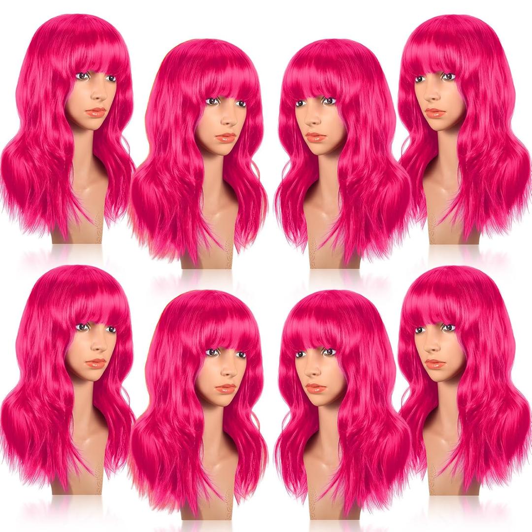 Crowye 8 Pcs 12 Colorful Party Wigs Shoulder Length Wigs for Women Wavy Bob with Air Bangs Curly Short Synthetic Colorful Costume for Cosplay Bachelorette Party(Hot Pink)