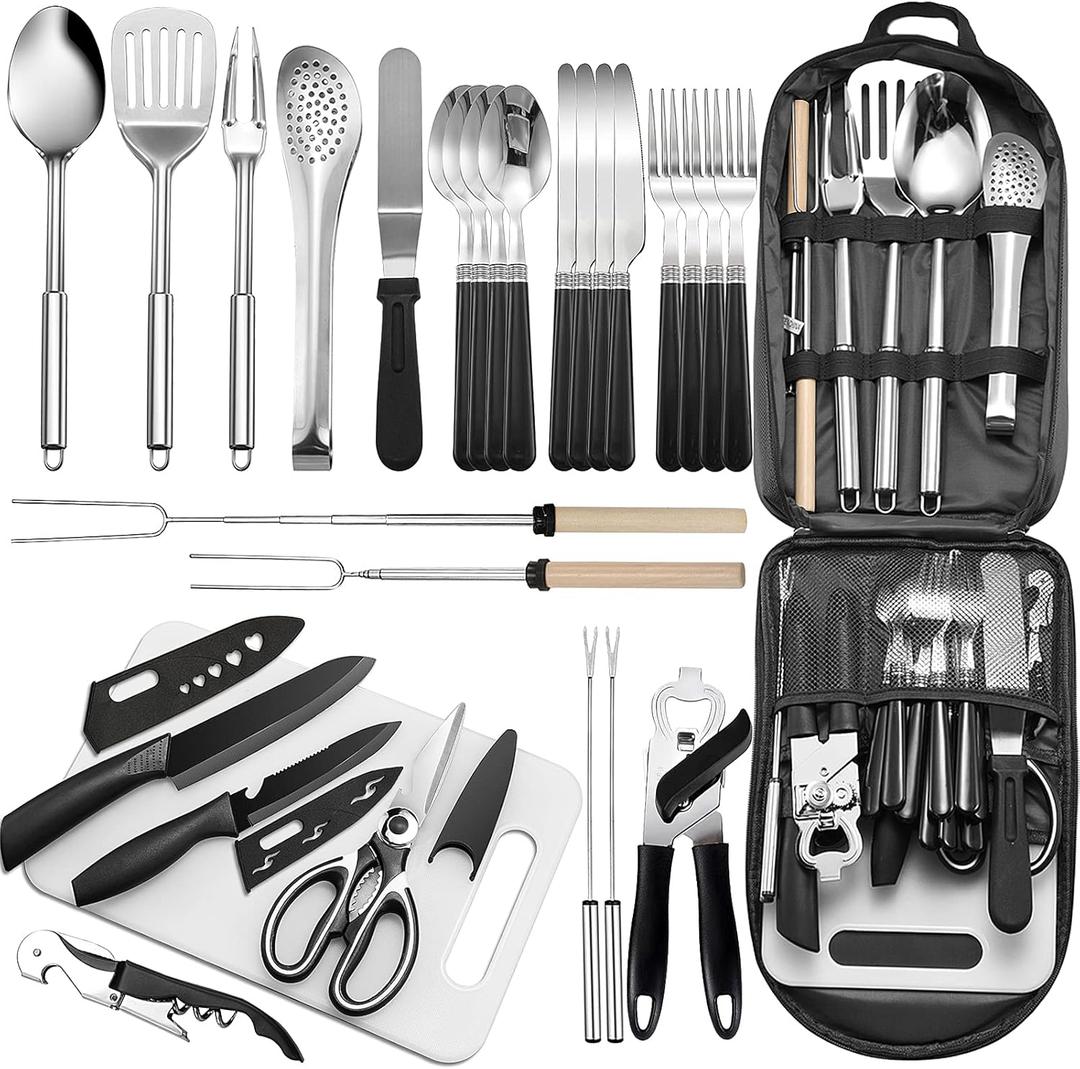 Portable Camping Kitchen Utensil Set-27 Piece Cookware Kit, Stainless Steel Outdoor Cooking and Grilling Utensil Organizer Travel Set Perfect for Travel, Picnics, RVs, Camping, BBQs, Parties and More (black)
