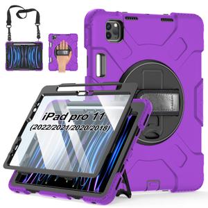 Case for iPad Pro 11 Inch 2022/2021/ 2020/2018: Silicone Cover for iPad 11 Inch 4th/ 3rd/ 2nd/ 1st/ Generation with Screen Protector- Stand- Handle- Shoulder Strap- Pencil Holder- Purple
