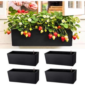 LaLaGreen Wall Hanging Planter Outdoor (4 Pack, 20 Inch) Wall Mounted Self Watering System Window Boxes with Bracket, Black Rectangular Plant Pot Flower Box Container Indoor Modern Herb Kitchen Decor