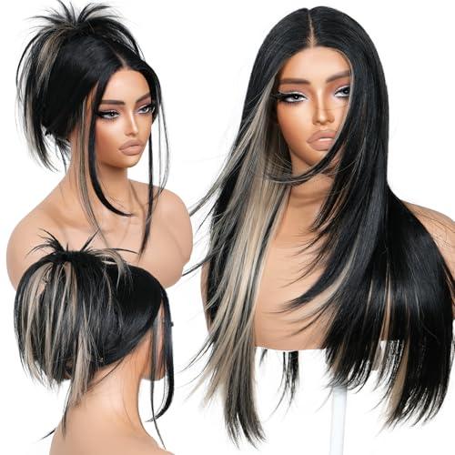 BrownBomb Black Blond Skunk Stripe Wear and Go Glueless Wigs Pre Plucked Pre Cut for Beginners Synthetic Lace Front Wigs With Bangs Long Straight layered Wigs Highlights 26 Inch 3 Seconds to Wear