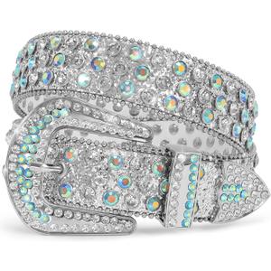 XZQTIVE Cowgirl Bling Studded Leather Belts for Jeans Pants with Rhinestone and Western Silver Buckle, Unisex (Fit waist 28-30 inch)