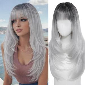 MINLEE Silver Gray Wig with Bangs for Women Long Wavy Silver Wigs 4x4 Realistic Scalp 26 Inch