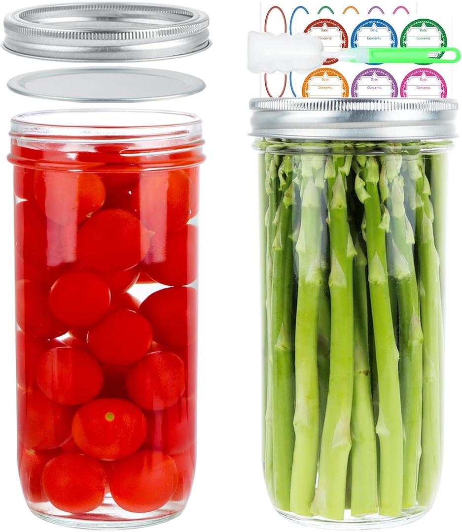 Wide Mouth Mason Jars 24 oz, 2 Pack 720ml Glass Canning Jars with Airtight Lids, Large Storage Jar with Labels Brush, Clear Mason Jars for Canning, Fermenting, Pickling, DIY Projects