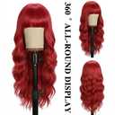 NOSTALGIA Vibrant Red Long Wavy Wigs with Bangs for Women, Premium Skin-Friendly Synthetic Hair, Bright Red Cosplay Party Wig for Halloween, Christmas & Daily Wear