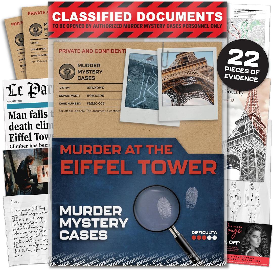 Lucky Egg MMC Death in The Eiffel Tower  Thrilling Murder Mystery Games for Adults in Paris  22 Realistic Evidence Pieces, 150 Min Gameplay (3/5 Difficulty)  Cold Case Files Game for 1-10 Players