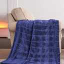 Super Soft Flannel Throw Blanket 50x60 Inches, Premium Checkered Jacquaed Silky Fleece Lightweight Bed Blanket All Season Use, Navy Blue Strip, 50"x60"